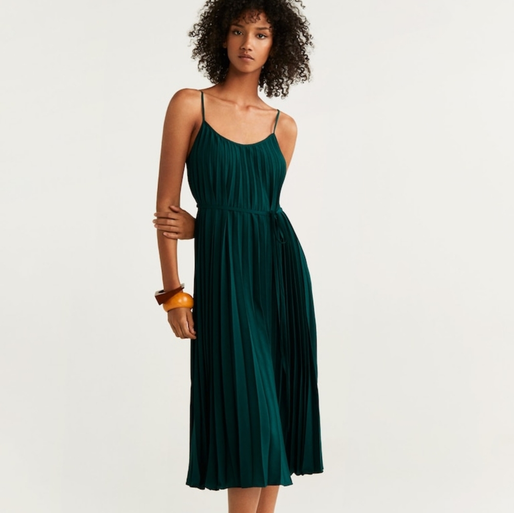 Mango Dark Green Pleated Midi Dress - Picture 5 of 7